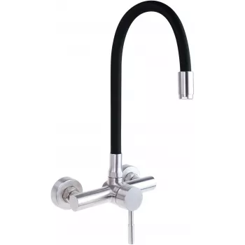 DEANTE Wandmontierte Küchenarmatur mit gebogenem Auslauf, Chrom, Einhebelmischer, Messing, 220 mm Reichweite