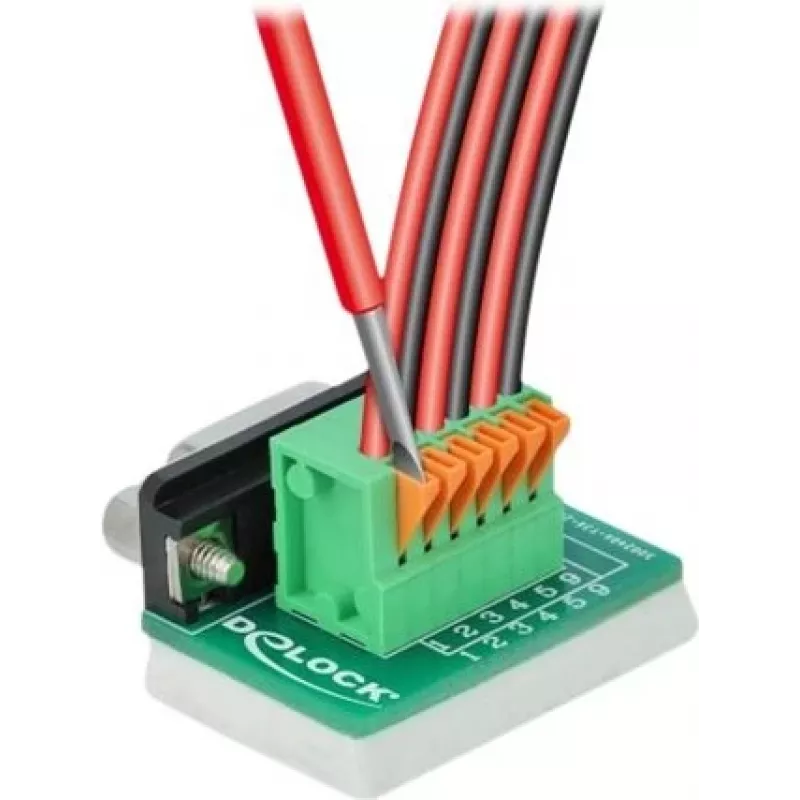 Delock D-Sub 9 Buchse auf 6-Pin Klemmenblock Adapter mit Rändelschrauben und Drucktaster 66556