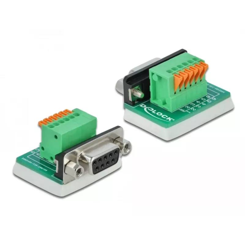 Delock D-Sub 9 Buchse auf 6-Pin Klemmenblock Adapter mit Rändelschrauben und Drucktaster 66556