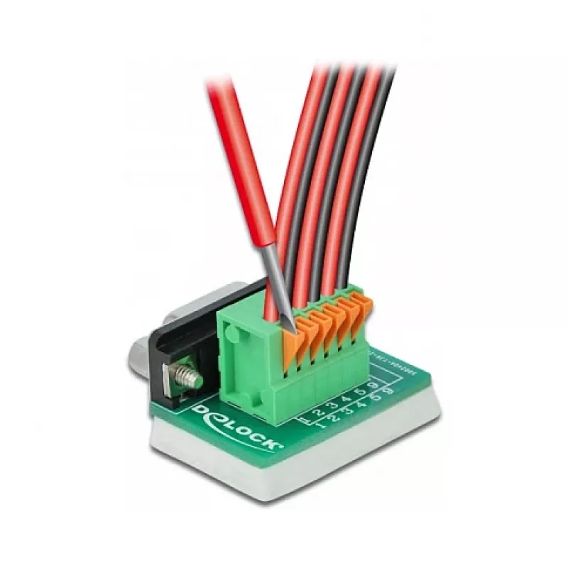 Delock D-Sub 9 Buchse auf 6-Pin Klemmenblock Adapter mit Rändelschrauben und Drucktaster 66556
