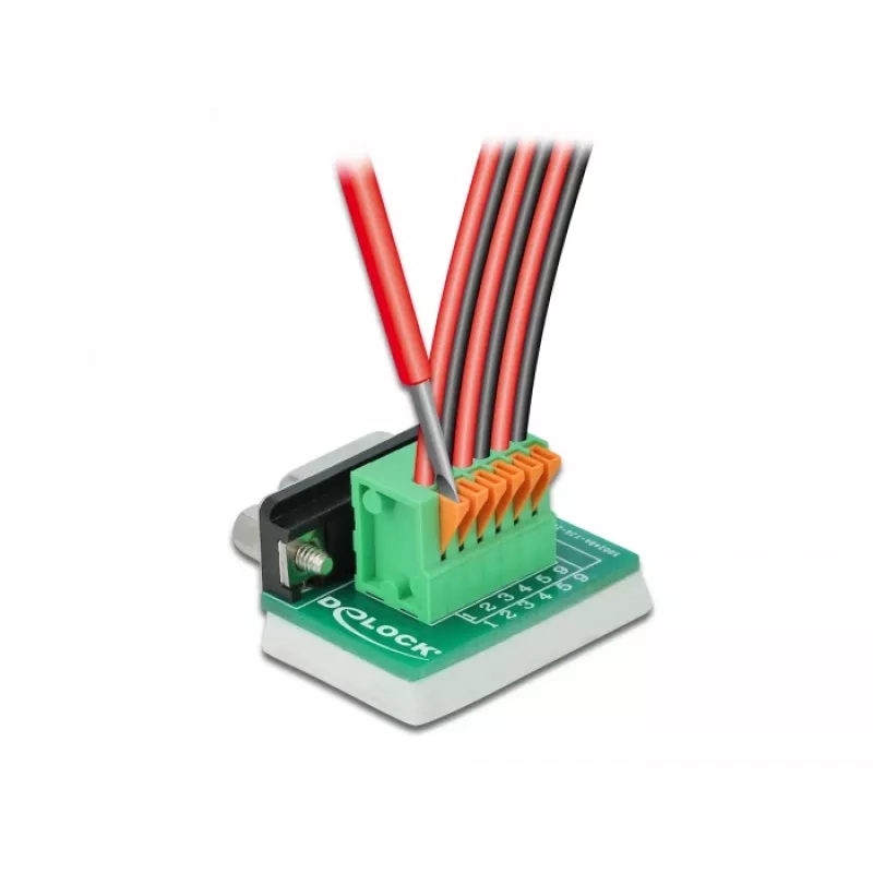 Delock D-Sub 9 Buchse auf 6-Pin Klemmenblock Adapter mit Rändelschrauben und Drucktaster 66556