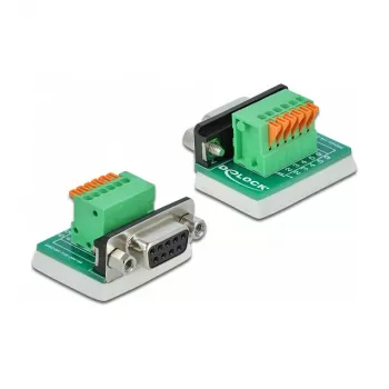 Delock D-Sub 9 Buchse auf 6-Pin Klemmenblock Adapter mit Rändelschrauben und Drucktaster 66556