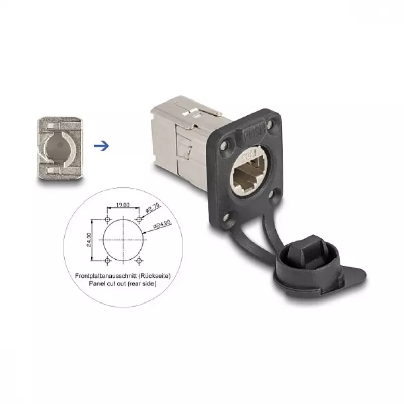 Delock D-Typ RJ45 Einbau-Buchse Cat.6A STP mit LSA-Anschluss und IP66-Schutzkappe