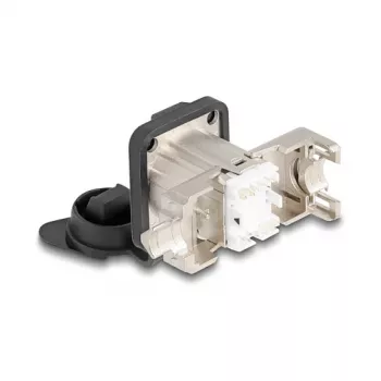 Delock D-Typ RJ45 Einbau-Buchse Cat.6A STP mit LSA-Anschluss und IP66-Schutzkappe