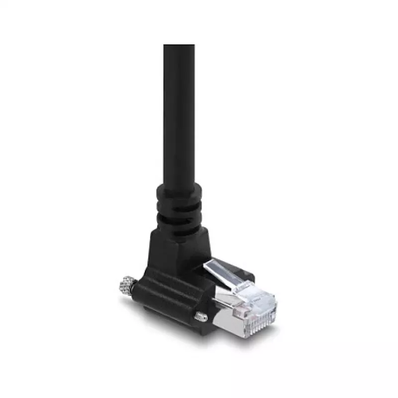 Delock GigE Kamera-Kabel Cat.6 S/FTP 3m, RJ45 90° Winkelstecker mit Schrauben (28mm) zu RJ45 gerader Stecker, Schwarz