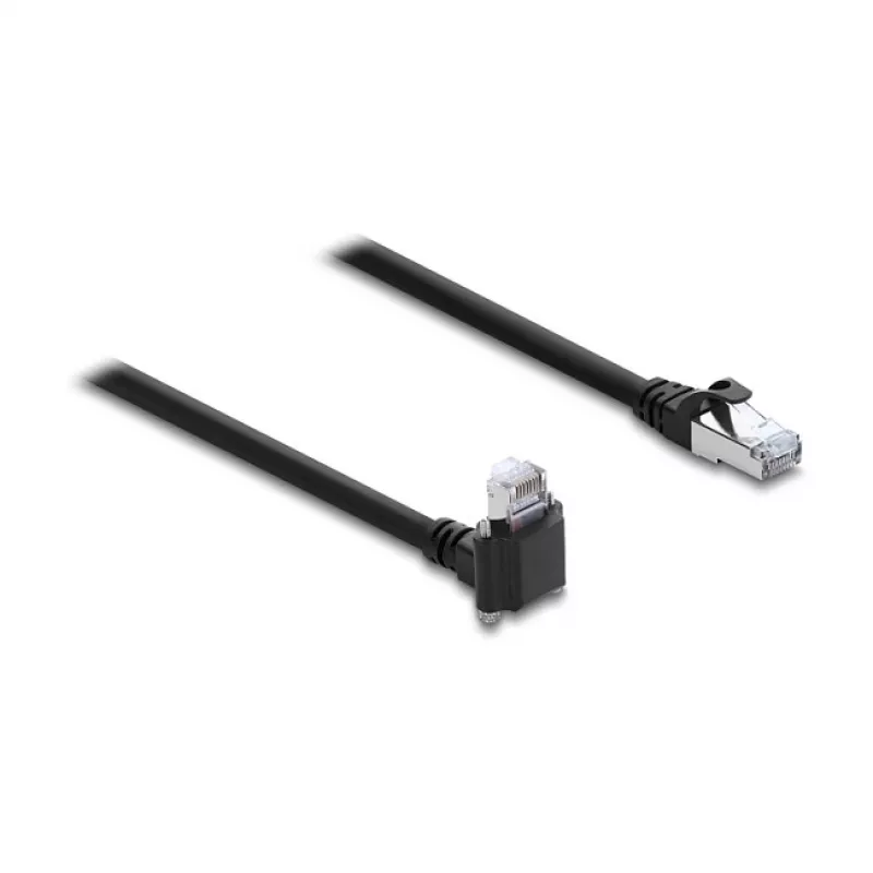 Delock GigE Kamera-Kabel Cat.6 S/FTP 3m, RJ45 90° Winkelstecker mit Schrauben (28mm) zu RJ45 gerader Stecker, Schwarz