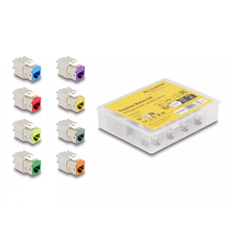 Delock Keystone Modul RJ-45 Buchse auf LSA Buchse STP CAT 6a, 8er-Pack (Grau, Blau, Gelb, Rot, Grün, Orange, Violett, Neongelb) 87896