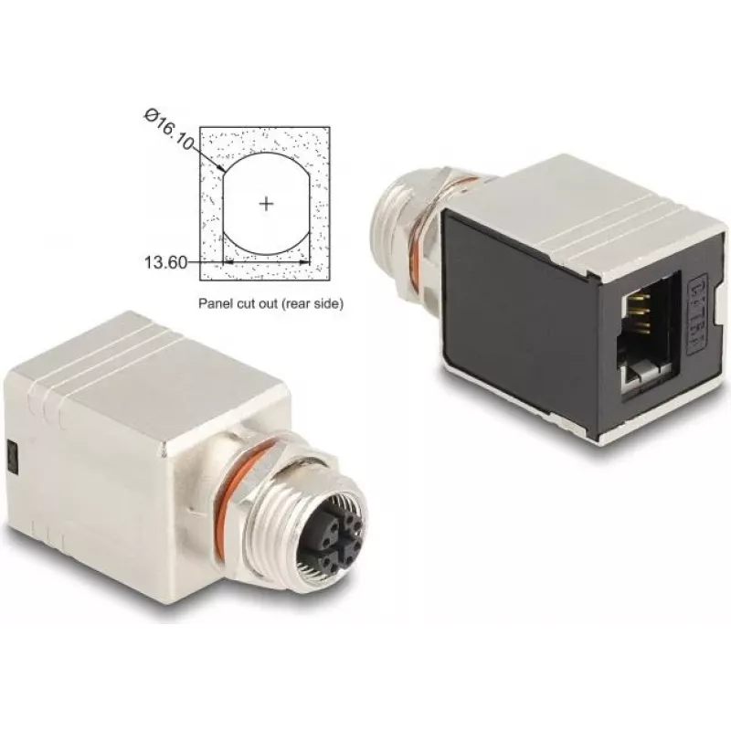Delock M12 Adapter X-kodiert 8 Pin Buchse auf RJ45 Buchse Cat.6A STP geschirmt gerade