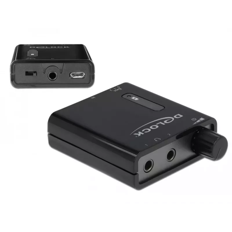 Delock tragbarer Stereo-Kopfhörerverstärker mit zwei Ausgängen und Bassverstärkung