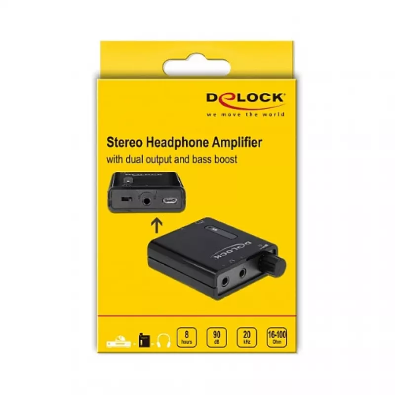 Delock tragbarer Stereo-Kopfhörerverstärker mit zwei Ausgängen und Bassverstärkung