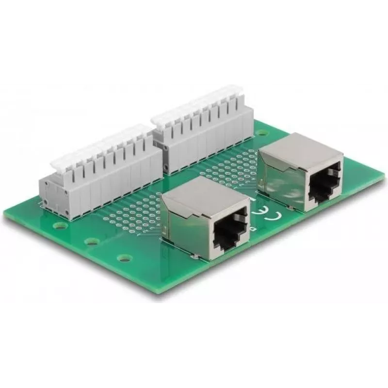 Delock RJ45 2 x Buchse auf 2 x Klemmenblock mit Druckknopf für DIN-Schiene (66994)