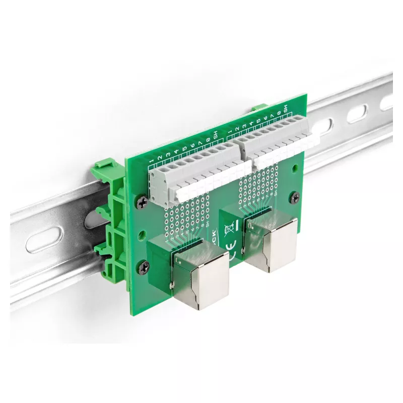 Delock RJ45 2 x Buchse auf 2 x Klemmenblock mit Druckknopf für DIN-Schiene (66994)
