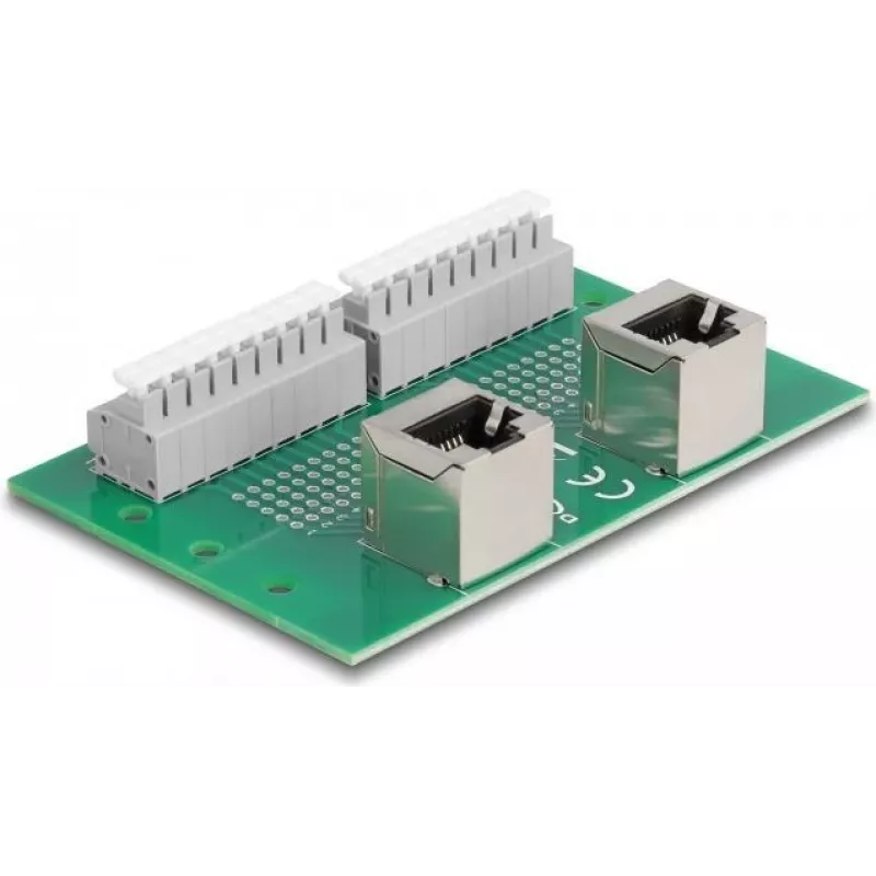 Delock RJ45 2 x Buchse auf 2 x Klemmenblock mit Druckknopf für DIN-Schiene gewinkelt (66995)