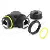 Delock RJ45 Kupplung Cat.6 Buchse auf Buchse mit M23 x 1,5 mm Gewinde und Schutzkappe, 90° abgewinkelt, IP68, Schwarz