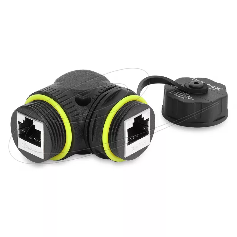 Delock RJ45 Kupplung Cat.6 Buchse auf Buchse mit M23 x 1,5 mm Gewinde und Schutzkappe, 90° abgewinkelt, IP68, Schwarz
