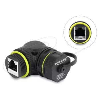 Delock RJ45 Kupplung Cat.6 Buchse auf Buchse mit M23 x 1,5 mm Gewinde und Schutzkappe, 90° abgewinkelt, IP68, Schwarz