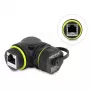 Delock RJ45 Kupplung Cat.6 Buchse auf Buchse mit M23 x 1,5 mm Gewinde und Schutzkappe, 90° abgewinkelt, IP68, Schwarz