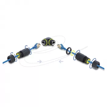 Delock RJ45 Kupplung Buchse auf Buchse Cat.6 mit M23 x 1,5 mm Gewinde, 90° gewinkelt, IP68 staub- und wasserdicht, schwarz