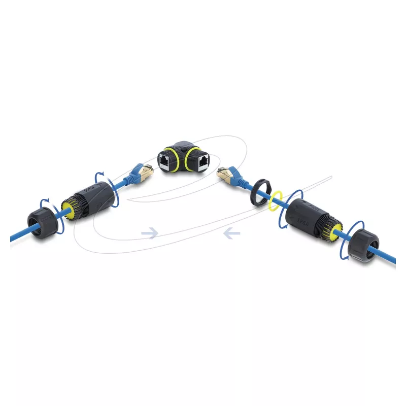 Delock RJ45 Kupplung Buchse auf Buchse Cat.6 mit M23 x 1,5 mm Gewinde, 90° gewinkelt, IP68 staub- und wasserdicht, schwarz