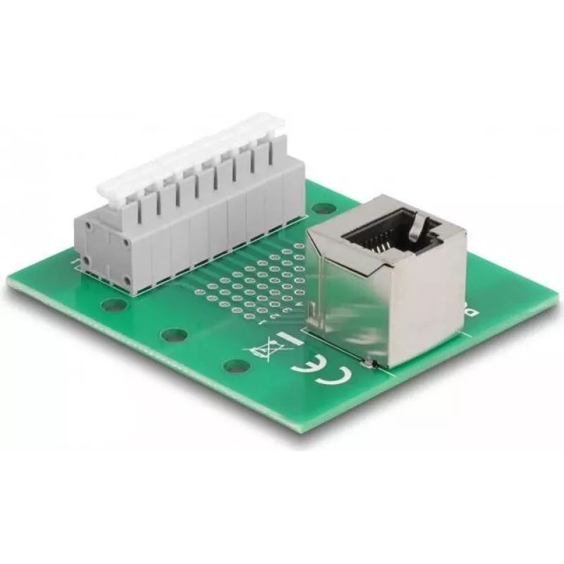 Delock RJ45-Buchse auf Klemmenblock mit Druckknopf für DIN-Schiene gewinkelt (66993)