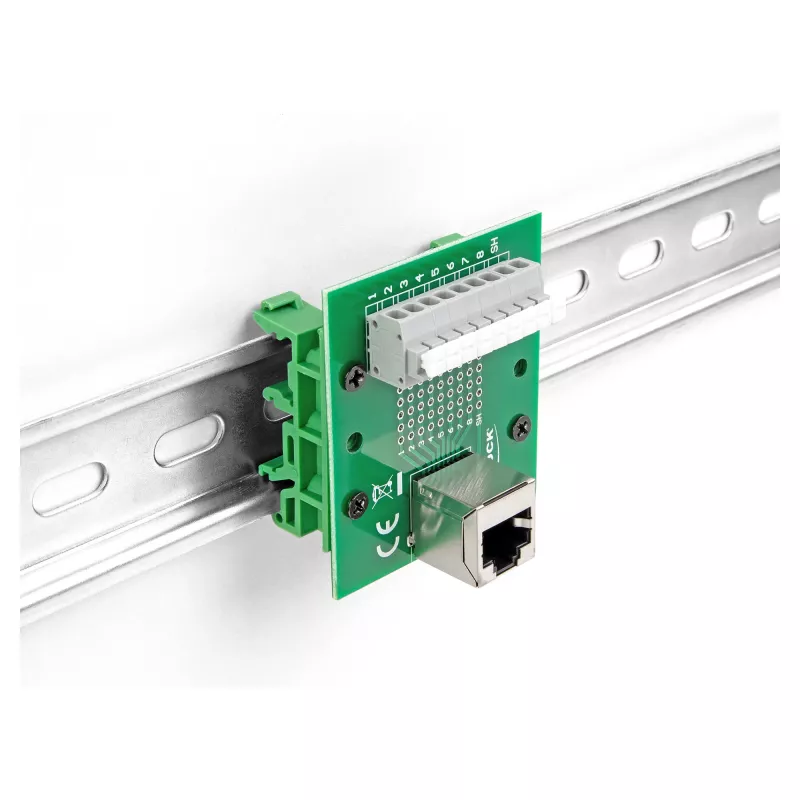 Delock RJ45-Buchse auf Klemmenblock mit Druckknopf für DIN-Schiene gewinkelt (66993)
