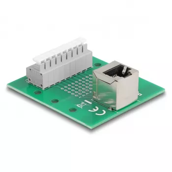 Delock RJ45-Buchse auf Klemmenblock mit Druckknopf für DIN-Schiene gewinkelt (66993)