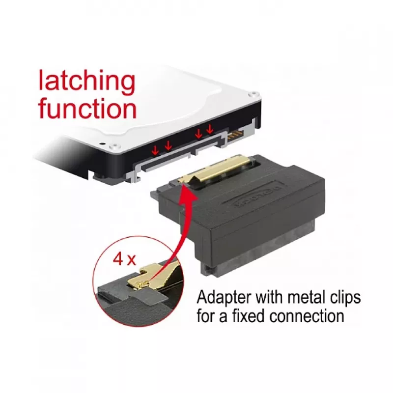 Delock SATA 22 Pin Buchse auf Stecker Adapter mit Verriegelung – nach unten abgewinkelt