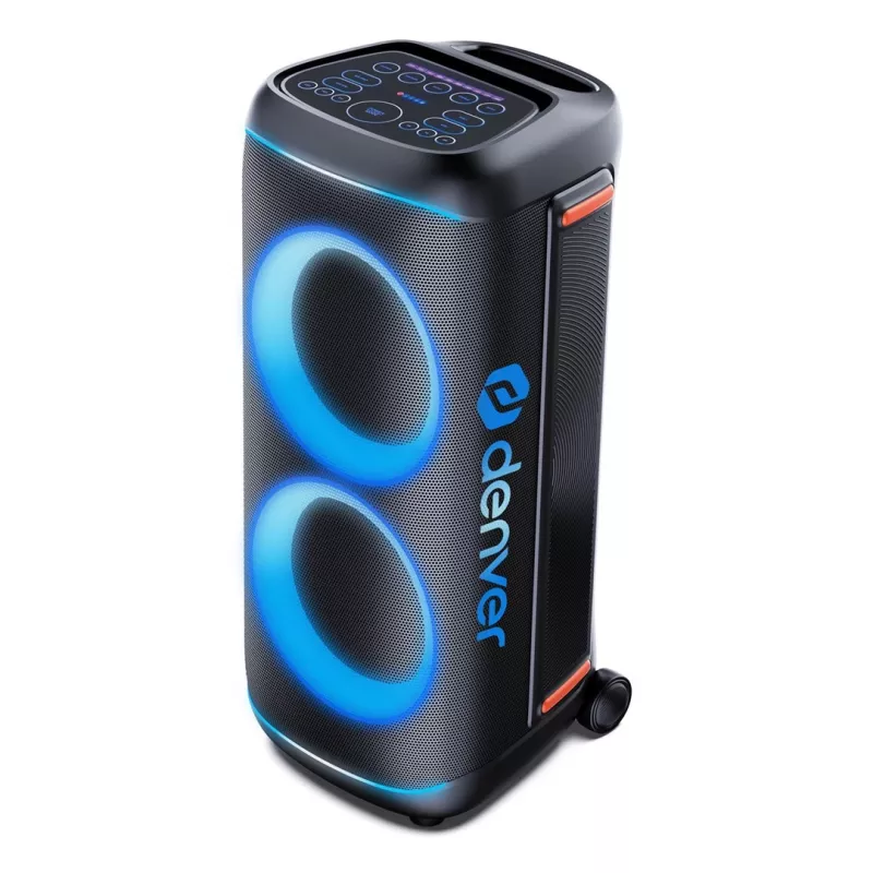 Denver BPS-470 Bluetooth Party Speaker mit Karaoke, 2000W PMPO, 20W RMS, LED-Lichter, FM-Radio, TWS, inkl. Mikrofon, Schwarz