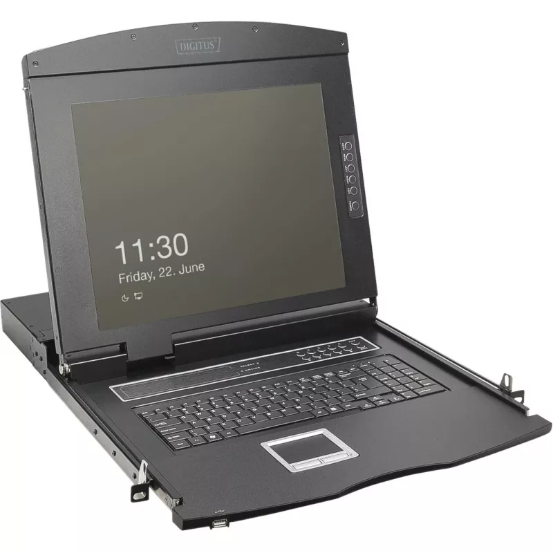 DIGITUS Modulare 19-Zoll-HD-LCD-KVM-Konsole mit 8-Port-HDMI-KVM-Switch, Touchpad, deutschem Tastaturlayout