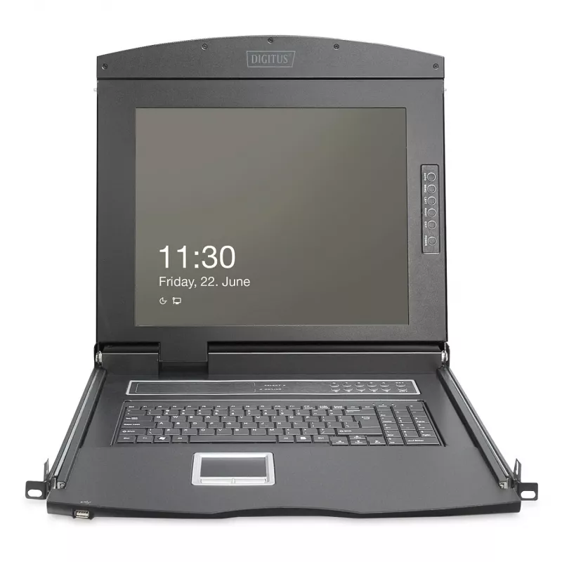 DIGITUS Modulare 19-Zoll-HD-LCD-KVM-Konsole mit 8-Port-HDMI-KVM-Switch, Touchpad, deutschem Tastaturlayout