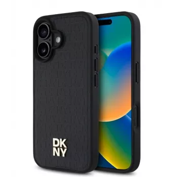 DKNY Apple iPhone 16 Plus PU-Leder Case mit Repeat Pattern Stack Logo, MagSafe, Schwarz
