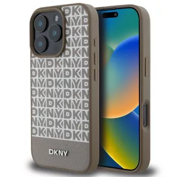 DKNY Apple iPhone 16 Pro Max PU-Leder Case mit sich wiederholendem Muster und unterem Streifen, MagSafe, Braun