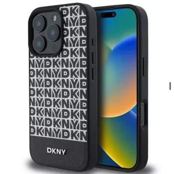 DKNY Apple iPhone 16 Pro Max PU-Leder Case mit sich wiederholendem Muster und unterem Streifen, MagSafe, Schwarz