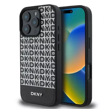 DKNY Apple iPhone 16 Pro PU-Leder Case mit sich wiederholendem Muster und unterem Streifen, MagSafe, Schwarz
