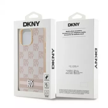 DKNY Lederhülle mit kariertem Mono-Muster und aufgedruckten Streifen für iPhone 14 Pro Max - Pink