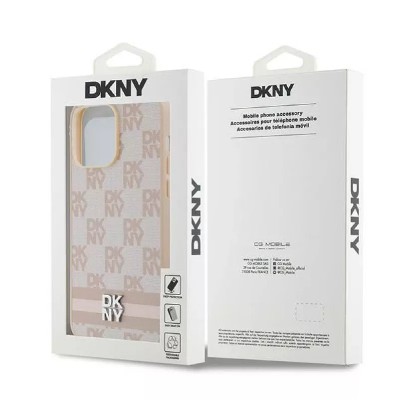 DKNY Lederhülle mit kariertem Mono-Muster und aufgedruckten Streifen für iPhone 14 Pro Max - Pink
