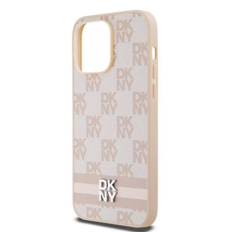 DKNY Lederhülle mit kariertem Mono-Muster und aufgedruckten Streifen für iPhone 14 Pro Max - Pink