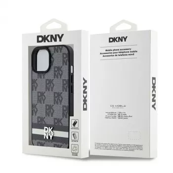 DKNY Leder Case mit Karo-Monogramm-Muster und aufgedruckten Streifen für iPhone 15/14/13 - Schwarz