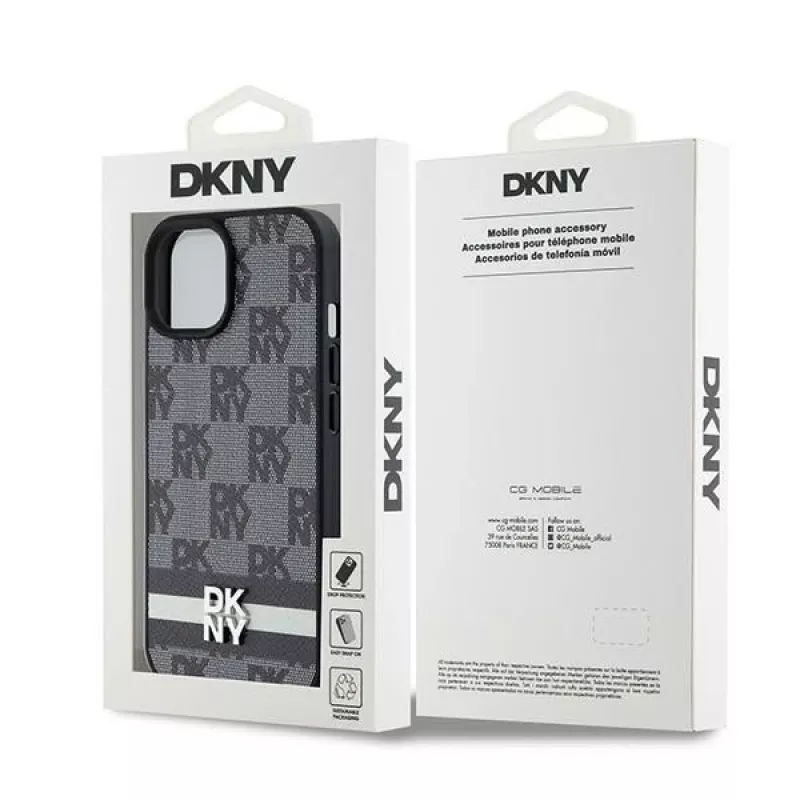 DKNY Leder Case mit Karo-Monogramm-Muster und aufgedruckten Streifen für iPhone 15/14/13 - Schwarz
