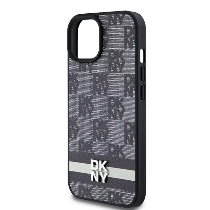 DKNY Leder Case mit Karo-Monogramm-Muster und aufgedruckten Streifen für iPhone 15/14/13 - Schwarz
