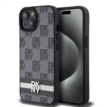 DKNY Leder Case mit Karo-Monogramm-Muster und aufgedruckten Streifen für iPhone 15/14/13 - Schwarz