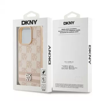 DKNY Leder-Case mit kariertem Mono-Muster und bedruckten Streifen für iPhone 15 Pro Max - Pink