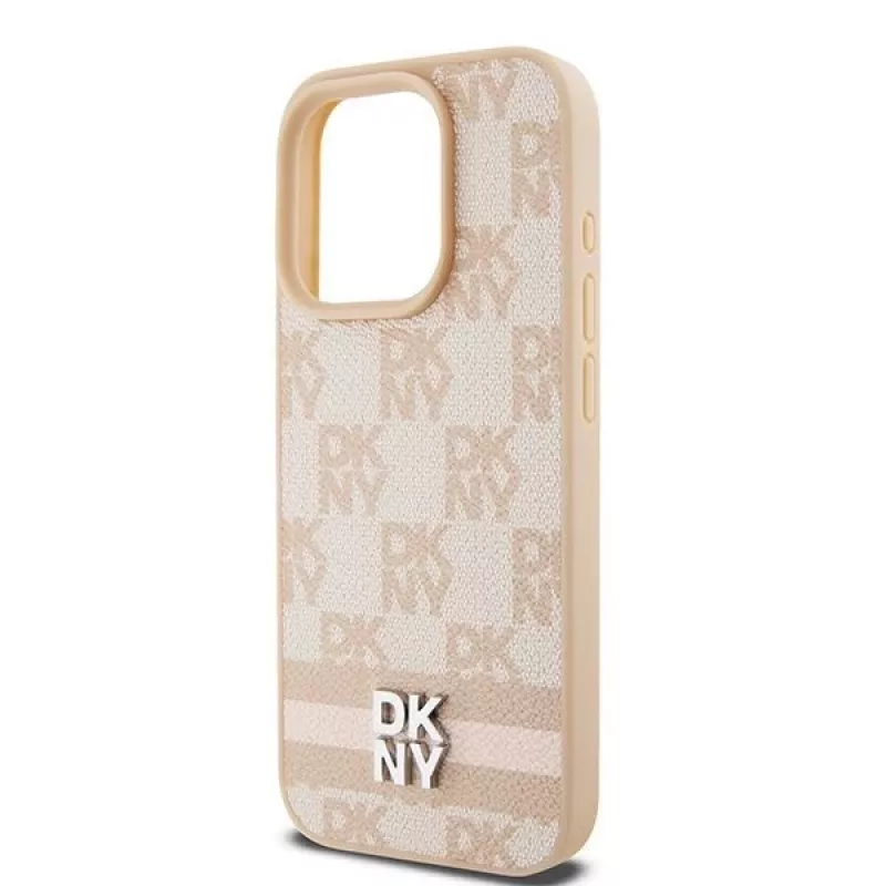 DKNY Leder-Case mit kariertem Mono-Muster und bedruckten Streifen für iPhone 15 Pro Max - Pink