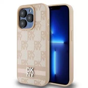 DKNY Leder-Case mit kariertem Mono-Muster und bedruckten Streifen für iPhone 15 Pro Max - Pink