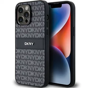 DKNY Leder Mono Stripe & Metall-Logo Hülle für Apple iPhone 14 Pro - Schwarz