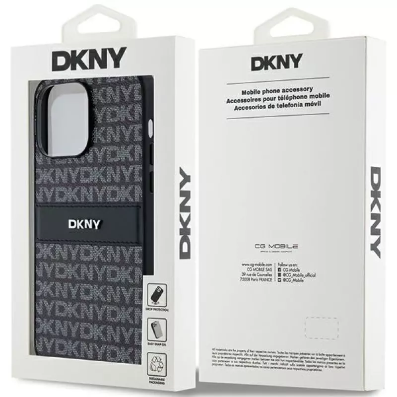 DKNY Leder Mono Stripe & Metall-Logo Hülle für iPhone 14 Pro Max - Schwarz