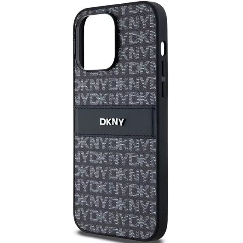 DKNY Leder Mono Stripe & Metall-Logo Hülle für iPhone 14 Pro Max - Schwarz