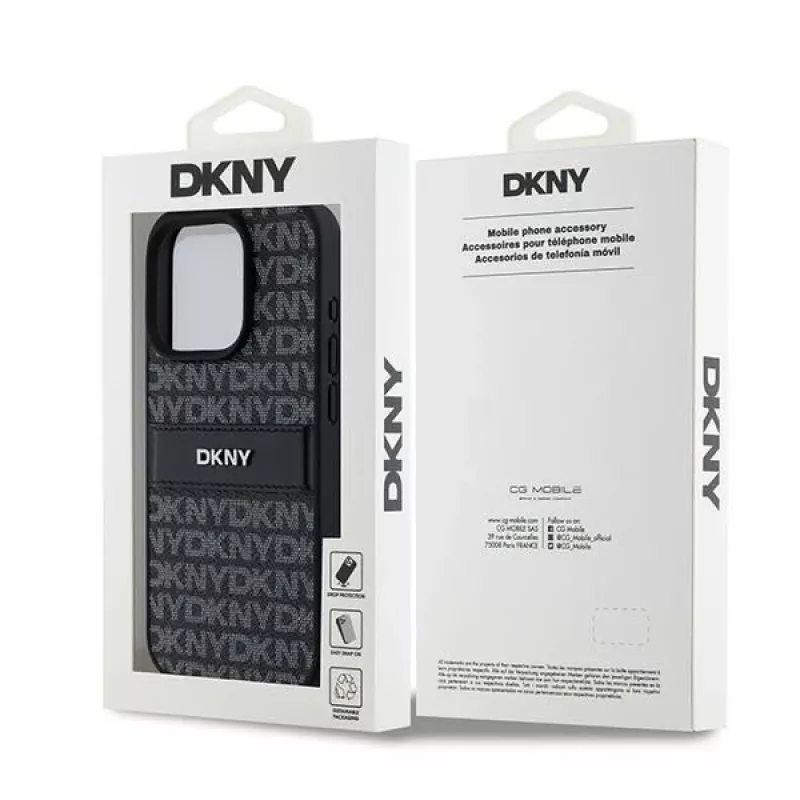 DKNY Leder Mono Stripe & Metall-Logo Hülle für iPhone 15 Pro - Schwarz