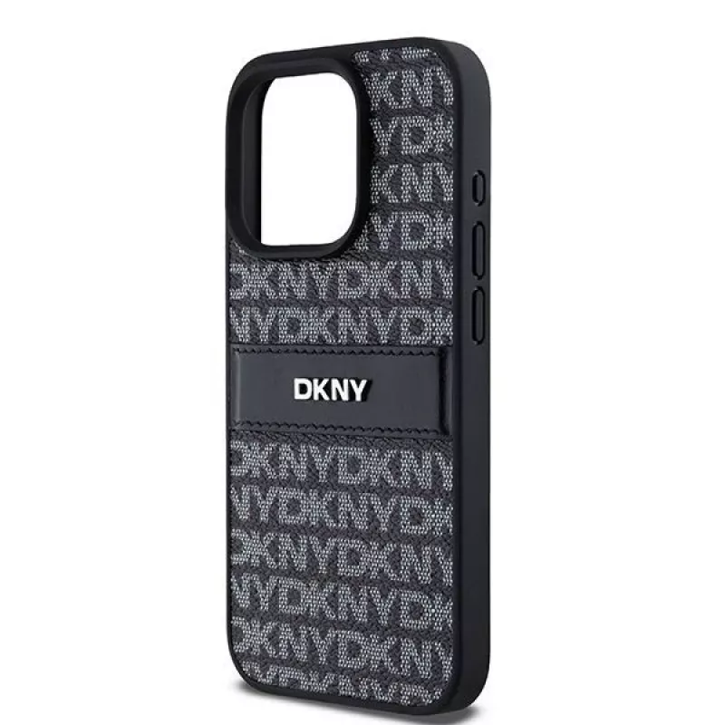 DKNY Leder Mono Stripe & Metall-Logo Hülle für iPhone 15 Pro - Schwarz