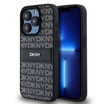DKNY Leder Mono Stripe & Metall-Logo Hülle für iPhone 15 Pro - Schwarz